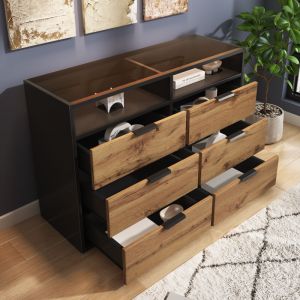 Okwish - Commode marron avec plateau en verre ambré à 6 tiroirs, armoire/buffet de rangement, 120x40x76 cm