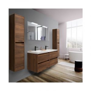 Meuble de salle de bain suspendu 140 cm en bois de noyer maya avec lavabo intégré - Nova - 140 cm Avec double miroir et lampe LED