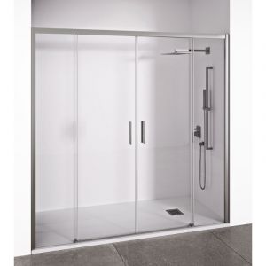Porte de douche coulissante 2 portes coulissantes + 2 panneaux fixes -Verre tremp&eacute; 6 mm -Argent Brillant -Largeur ajustable 155-160 cm -Hauteur 195 cm