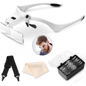 Loupe Serre-Tête avec Lumière led, Loupe De Tête avec - 5 Lentilles Détachables(1.0X 1.5X 2.0X 2.5X 3.5X), pour Tous Les Travaux de Précision,
