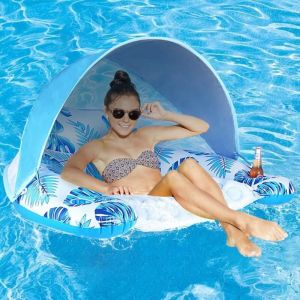 Bouée de piscine avec auvent et porte-gobelet - Chaise longue de piscine xl avec pare-soleil réglable, porte-gobelet, appui-tête ergonomique,