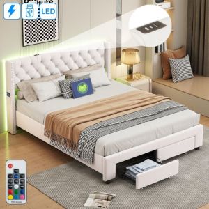 Lit 140x190 cm, 2 places, avec 2 tiroirs, led, décoration par rivets, usb, poche latérale de rangement, sommier à lattes en bois, cadre en métal, lit
