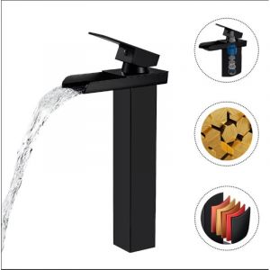 Robinet Salle Bain Cascade Noir Mat, Mitigeur Lavabo Cascade Haut,Robinetterie Vasque &agrave; Poser Carr&eacute; en Laiton, Robinet Lavabo avec bec Hauteur, Eau