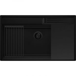 PRIMAGRAN Evier Cuisine en Granit 88x53cm,Lavabo 1 bac + Kit de Vidage + Accessoires, &Eacute;vier &agrave; Encastrer au meuble 90cm - Oslo Pocket, Tout Noir