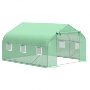 Outsunny Serre Tunnel de Jardin 10,5 m&sup2; dim. 3,5L x 3l x 2H m Porte + 6 fen&ecirc;tres enroulables Acier galvanis&eacute; b&acirc;che PE Haute densit&eacute; Vert