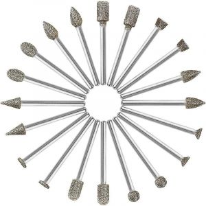 Fraises Diamant, 20Pcs Fraise Rotative Diamant (Foret/Tête/Pointe Diamantée) avec 3mm Tige pour Outil Rotatif (Meulage, Polissage, Gravure de