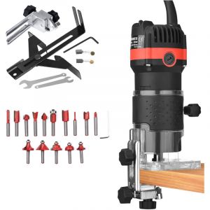 Toupie &agrave; Bois Compacte 800W 6.35mm 30000r/min Toupie &agrave; Main Portable pour Le Travail du Bois Trimmer &eacute;lectrique Toupie &agrave; Bois avec 15 M&egrave;ches de