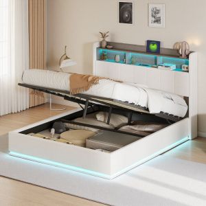 Lit Coffre 140x190 cm, Lit 140x190cm, Lit Double avec LED et Ports USB, Lit Capitonn&eacute;, Tete de Lit avec Rangement, Syst&egrave;me de Levier Hydraulique,