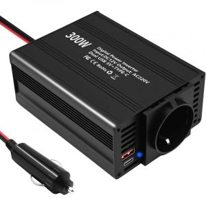 300W Convertisseur 12V 220V 230V Convertisseur de Tension Onduleur Prise Allume Cigare Transformateur de Puissance avec 1 Prises EU, 1 Type-C et 1