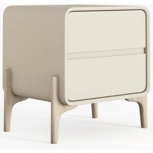 Table de chevet scandi moderne recouverte en simili cuir avec 2 tiroirs et pieds en bois naturel - Bennis Taupe