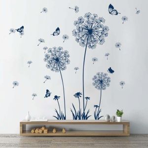 Stickers Muraux Pissenlit Bleu Autocollants Muraux Bleu Fleurs Sticker Mural papillons pissenlit pour Salons Chambres Bureaux Canap&eacute; Fond D&eacute;coration