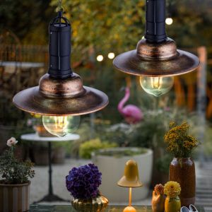 Lampe solaire led suspendue, lampe de balcon, lanterne d'ext&eacute;rieur industrielle, m&eacute;tal fonc&eacute;, verre transparent, DxH 15,5x50 cm, lot de 2