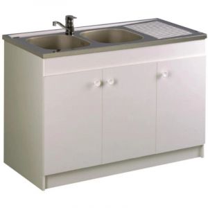 Meuble Sous-&Eacute;vier AQUARINE Sesame 3 portes M&eacute;lamin&eacute; Blanc L120cm pour Buanderie ou Cuisine - 200338