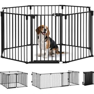 PawHut Barri&egrave;re de s&eacute;curit&eacute; barri&egrave;re de protection chemin&eacute;e parc enclos chien pliable modulable 8 panneaux avec porte sans per&ccedil;age 482,5 x 76 cm noir