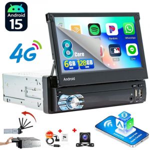 Autoradio Android 15 1 DIN 6Go+128Go 8-C&oelig;urs - Apple CarPlay, 4G, GPS, Bluetooth, Radio RDS - 6+128G DAB+ CAM