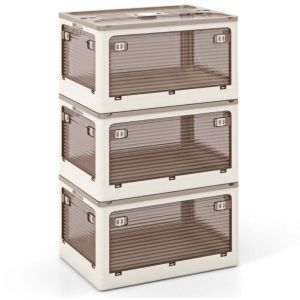 Lot de 3 bacs de rangement avec couvercles sur roulettes. Bacs empilables pliables accessibles sur 5 c&ocirc;t&eacute;s 132 litres.