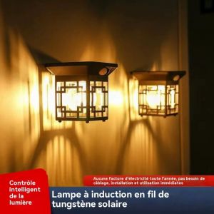 Lampe solaire vintage &agrave; filament de tungst&egrave;ne, applique murale &agrave; d&eacute;tection de mouvement pour jardin et terrasse, &eacute;tanche et sans fil