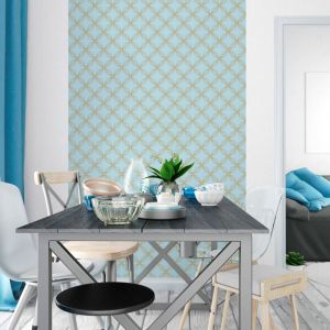 Papier peint intissé pré-encollé - RÉTRO ORNEMENTS AQUAMARINE ET JAUNE - 1 rouleau de 300x60cm