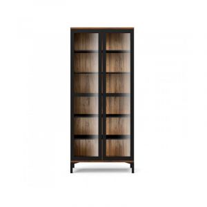 Salon vitrine 203 cm noir mat et noyer avec deux portes et cinq &eacute;tag&egrave;res - Alicante