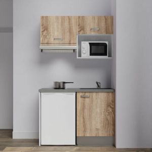 Kitchenette K02L-PT - 120 cm avec plan de travail et &eacute;vier - emplacements frigo, hotte et micro-ondes Fa&ccedil;ade Bois - Plan Gris - Evier Noir