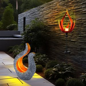 Globo - Lampe solaire à led avec effet de feu, lampe d'extérieur, lampe d'extérieur, design flamme, aspect pierre-sculpture, blanc chaud, lot de 2