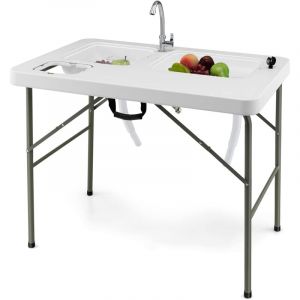 Goplus - 2 en 1 Table de Nettoyage de Poisson Pliante avec 2 éviers & Robinet Rotatif 360°, Table de Pêche Portable en Acier, pour Camping, Pêche,