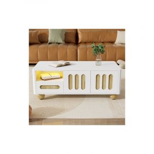Table basse moderne 105x50x40 cm. Aspect blanc et bois, 4 portes, 2 tiroirs et compartiments ouverts, lampe LED – coins arrondis, pieds de table