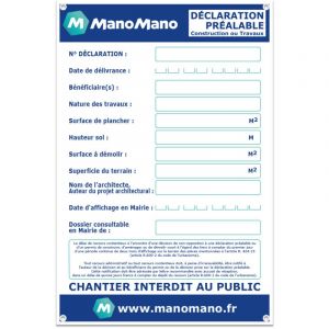 Panneau Déclaration Préalable de Construction ou Travaux ManoMano – Avec œillets + marqueur noir