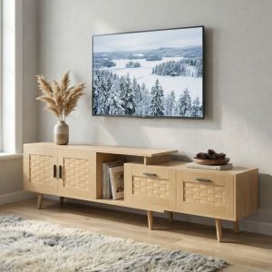 Meuble TV 180, Extensible(146-180cm), Banc TV avec 2 Portes et 2 Tiroirs, Pour TV jusqu'&agrave; 75, Effet Rotin & Bois, Design Scandinave