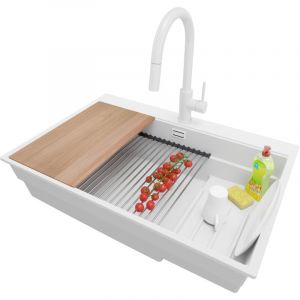 PRIMAGRAN Evier Cuisine en Granit 78x53cm, Lavabo 1 bac + Robinet 40x20cm + Kit de Vidage + Accessoire, Évier à Encastrer au meuble 80cm - Oslo Max,