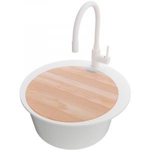 PRIMAGRAN Evier cuisine Granit Rond 50x50cm, Evier 1 bac + Robinet 38x14cm + Kit de Vidage + Accessoire, Lavabo Cuisine au meuble 45cm - Pise, Tout
