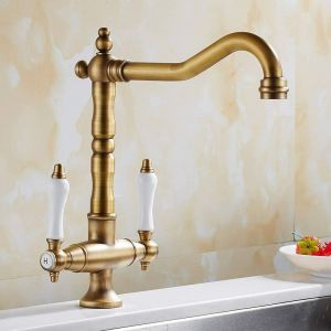Forehill - Robinet Mitigeur Cuisine Vintage Robinet de Lavabo Rétro 2 Poignées Réglable Chaude et Froide Rotatif 360° Bronze