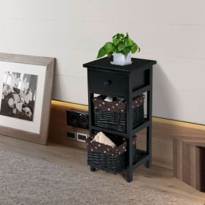 Design In - Lot de 2 Tables de Chevet Table de Nuit avec 1 Tiroir et 2 Panier d'Osier Amovible Cadre en Bois de Paulownia Style Vintage Rustique Noir