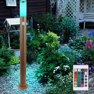 Borne lumineuse avec d&eacute;tecteur de mouvement ext&eacute;rieur capteur de lampe lampadaire aspect bois, t&eacute;l&eacute;commande dimmable, acier inoxydable, 1x led rgb