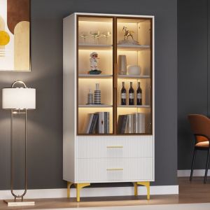 Roomfitters - Vitrine élégante 2 portes, pieds dorés, étagères vitrées, style colonne 70x35x150 cm, Blanc