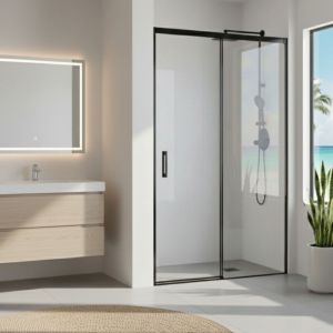 SOULHOME Paroi de Douche R&eacute;versible 132-135x200h cm Profil SLIM Noir Mat Porte Coulissante Amortie + Fixe Verre 6mm Antical