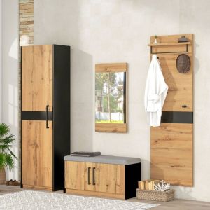 Modfu - Ensemble de garde-robe (1 armoire 50x37x190 cm + 1 étagère à chaussures avec coussins + 1 miroir + 1 porte-manteau mural), aggloméré, marron,