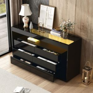 Commode à 6 tiroir avec éclairage led, plateau en verre trempé, design double couche, convient pour salon, couloir, chambre, noir