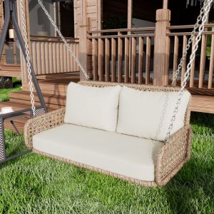 REDOM Fauteuil suspendu en PE Rotin - Balancelle de jardin - 2 places - avec coussins - Beige, 112x54x48 cm