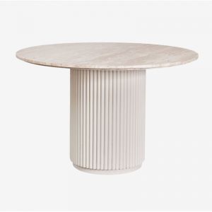 Sklum &ndash; Table &agrave; manger ronde en pierre naturelle et bois de manguier &ndash; &Oslash;100 cm &ndash; Plateau en travertin &ndash; Pied tubulaire en bois massif