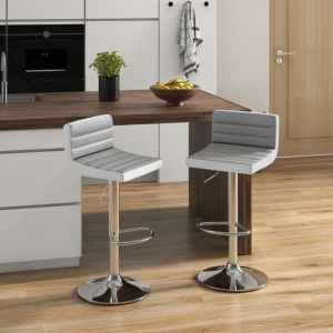 Lot de 2 Chaises de Bar Pivotantes R&eacute;glables avec Base en M&eacute;tal Antid&eacute;rapant et Repose-pieds Tabourets en Cuir PU Gris Et Blanc
