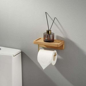 Devidoir Porte Papier Toilette Double Installation Bois Massif Hêtre Dérouleur Support Papier wc Mural Auto-adhésif Coins Arrondis Porte Rouleau de