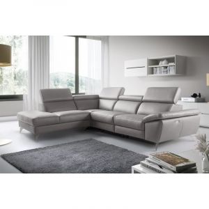 Canap&eacute; d'angle relax en 100% tout cuir &eacute;pais de luxe italien avec relax &eacute;lectrique, 5/6 places KASTER, gris clair, angle gauche