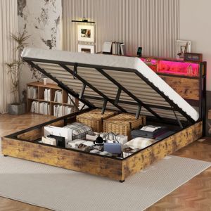 Lit coffre double 180x200 cm, avec éclairage d'ambiance led à couleurs changeantes, télécommande 24 boutons, avec port usb, mécanisme de levage