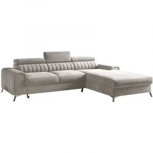 Les Tendances - Canapé d'angle convertible velours têtière réglables grenky - Coffre, pieds acier chromé-Taupe-angle droit
