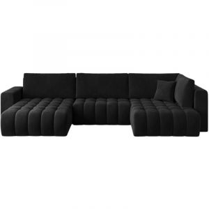 Les Tendances - Canap&eacute; d'angle panoramique boston en velours capitonn&eacute;-Noir-M&eacute;ridienne a gauche