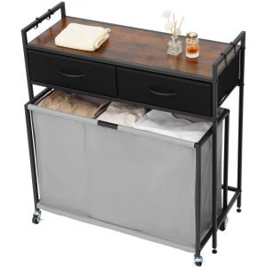 Mophorn Panier &agrave; linge &agrave; 3 compartiments avec roulettes, &eacute;quip&eacute; d'un sac coulissant, d'un plateau en bois, de 2 tiroirs et de crochets, id&eacute;al pour