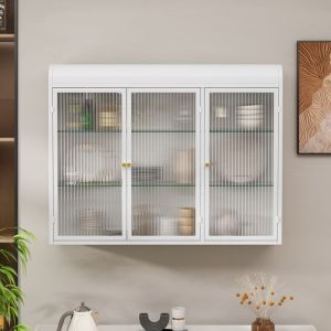 Elément haut de cuisine, Meuble de cuisine avec3 niveaux d'espace de stockage et et motif tissé, 90x19x70cm, Blanc