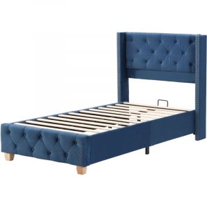 Lit Rembourr&eacute; 90x200 Cm En Lin Bleu Avec Sommier, T&ecirc;te De Lit Capitonn&eacute;e Et Clous D&eacute;coratifs