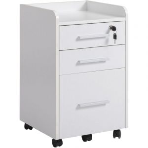 Caisson de bureau rangement bureau sur roulettes 3 tiroirs 1 verrouillable 1 trieur dossiers en bois blanc